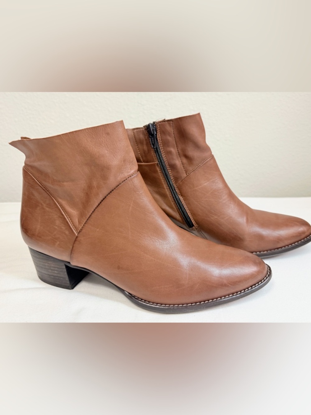 Paul Green Cognac Brown Leather Ankle Boots Block Heel Side Zip Women’s US 8.5